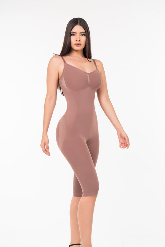 High-Back Thin Straps Seamless Calf Length Bodysuit | Full-Length Waist & Butt Lift Shaper