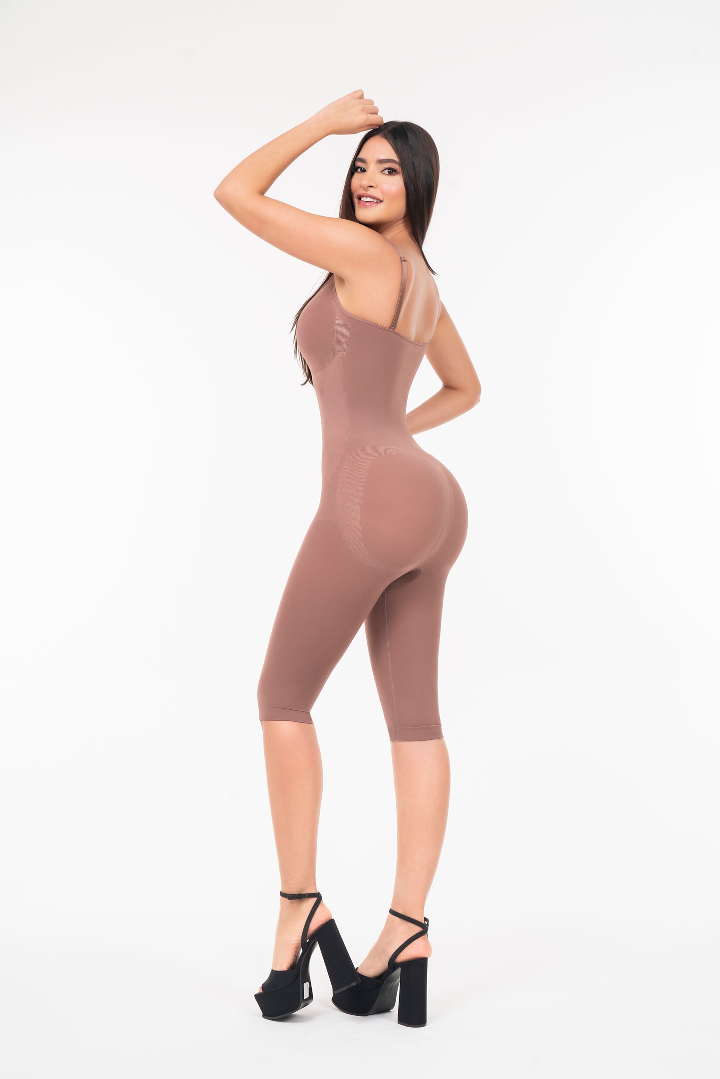High-Back Thin Straps Seamless Calf Length Bodysuit | Full-Length Waist & Butt Lift Shaper