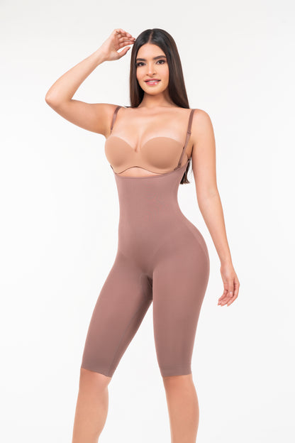 Calf Length Thin Straps Open-Bust Seamless Bodysuit | Waist Compression & Butt Lift Shaper