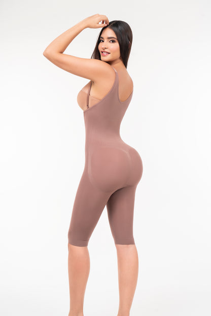 Calf Length Thin Straps Open-Bust Seamless Bodysuit | Waist Compression & Butt Lift Shaper