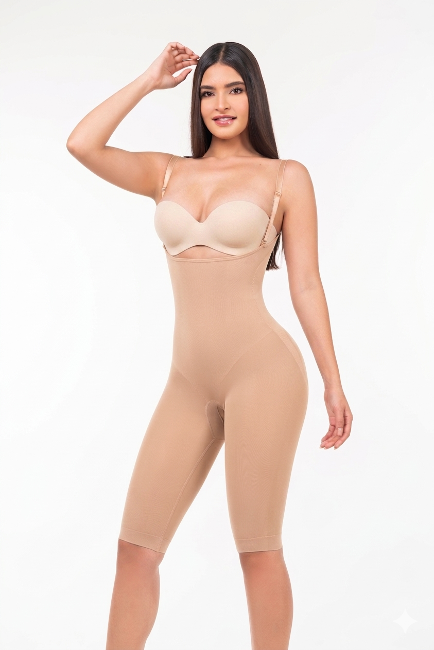 Calf Length Thin Straps Open-Bust Seamless Bodysuit | Waist Compression & Butt Lift Shaper